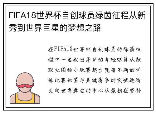 FIFA18世界杯自创球员绿茵征程从新秀到世界巨星的梦想之路